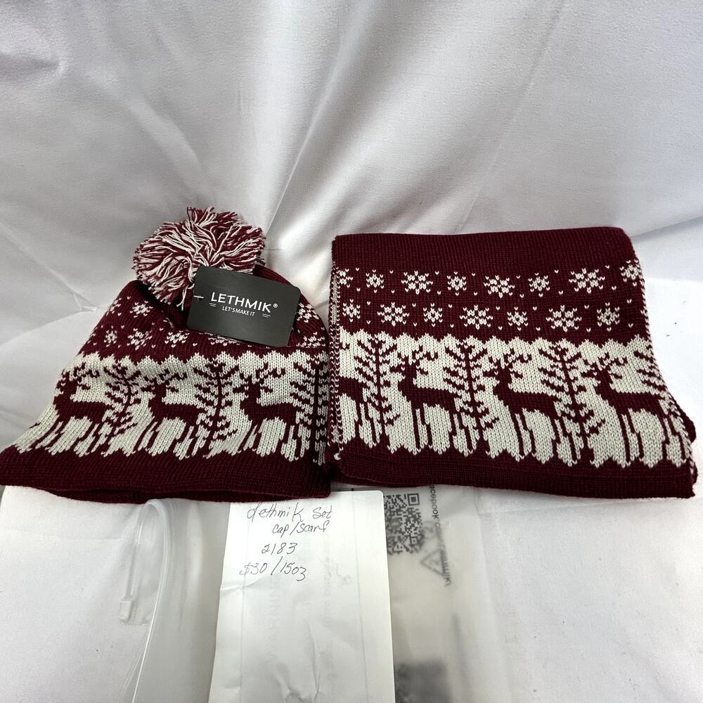 SKU 2183.1 LETHMIK Dark Red Lined Beanie Hat & Scarf Set NWT New In Bag